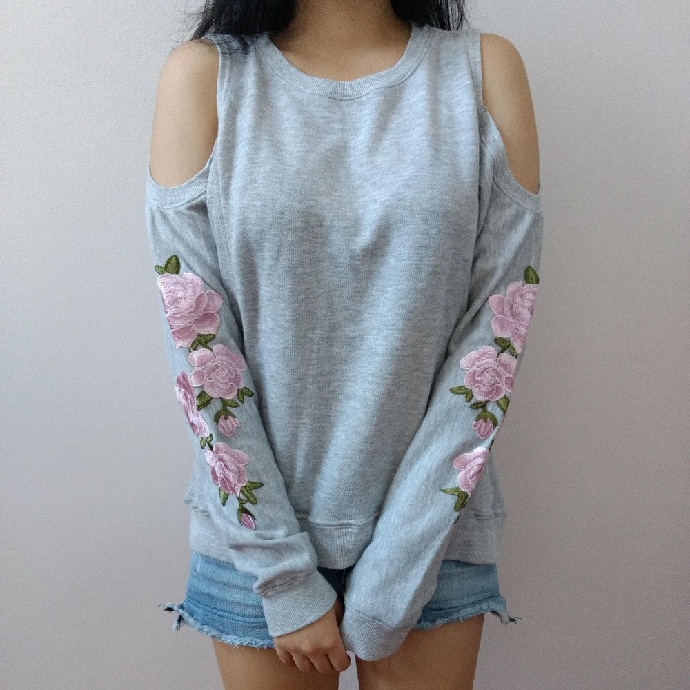 Gray Cold-Shoulder Sweater Pink Flower Sleeves